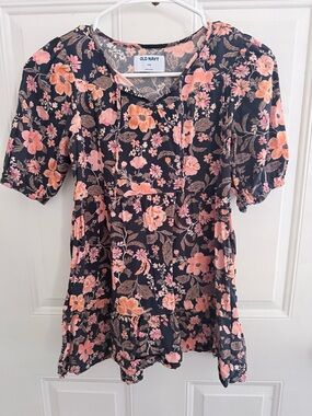 Old Navy Navy Blue Floral Peplum Top - Pink/Peach Flowers